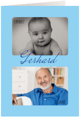 Einladung 70. Geburtstag Zeitlos A6 Klappkarte hoch blau mit Damals- und Heute-Fotos