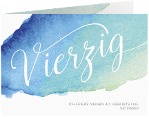 Einladung 40. Geburtstag Aquarell A6 Klappkarte quer blau mit erhobenem Skelett-Mittelfinger