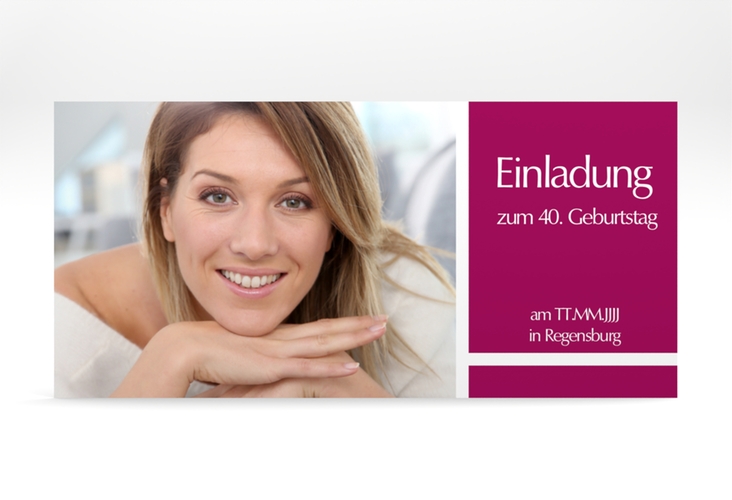 Einladung 40. Geburtstag Gerd/Gerda lange Karte quer pink mit Foto