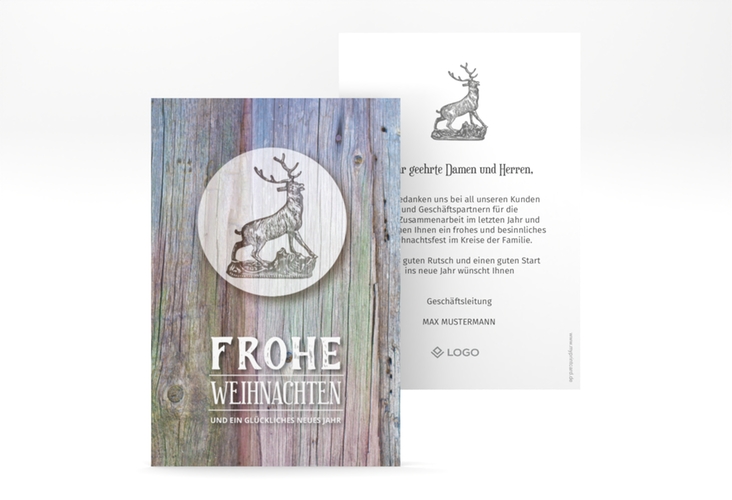 Business-Weihnachtskarte Rustikal A6 Karte hoch hochglanz in Holz-Optik mit Hirsch