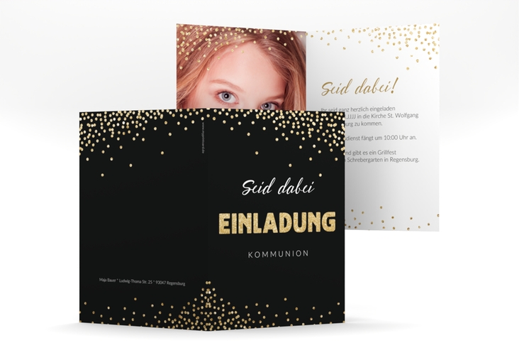 Kommunionseinladung Glittery A6 Klappkarte hoch gold hochglanz