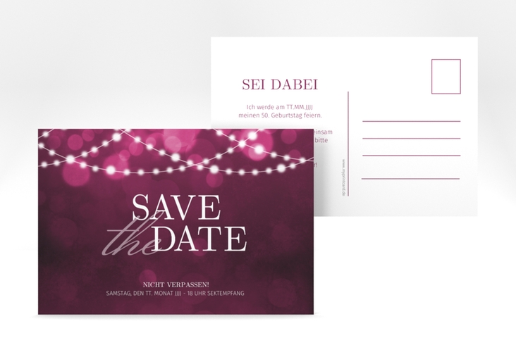 Save the Date-Postkarte Geburtstag Girlande A6 Postkarte pink edel mit Bokeh
