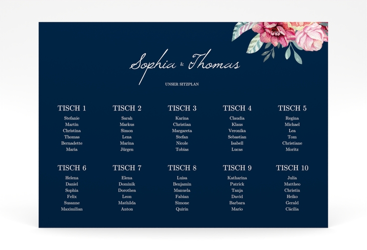Sitzplan Poster Hochzeit Blooming 70 x 50 cm Poster blau