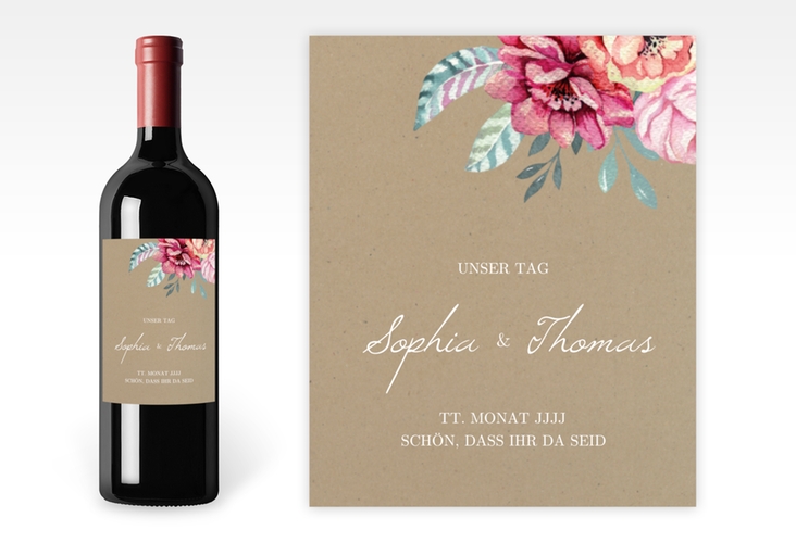 Weinetikett zur Hochzeit Blooming Etikett Weinflasche 4er Set Kraftpapier