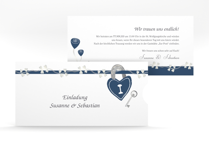 Hochzeitseinladung Oviedo Einsteckkarte blau mit Liebesschloss und Herzen