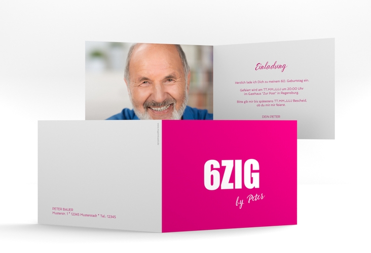 Einladung 60. Geburtstag Zig A6 Klappkarte quer pink hochglanz