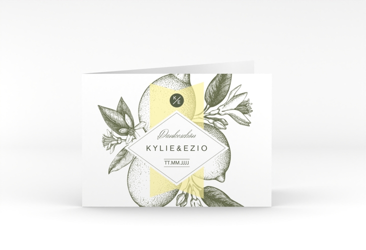 Danksagungskarte Hochzeit Lemon A6 Klappkarte quer gelb mit mediterranem Zitronen-Kupferstich
