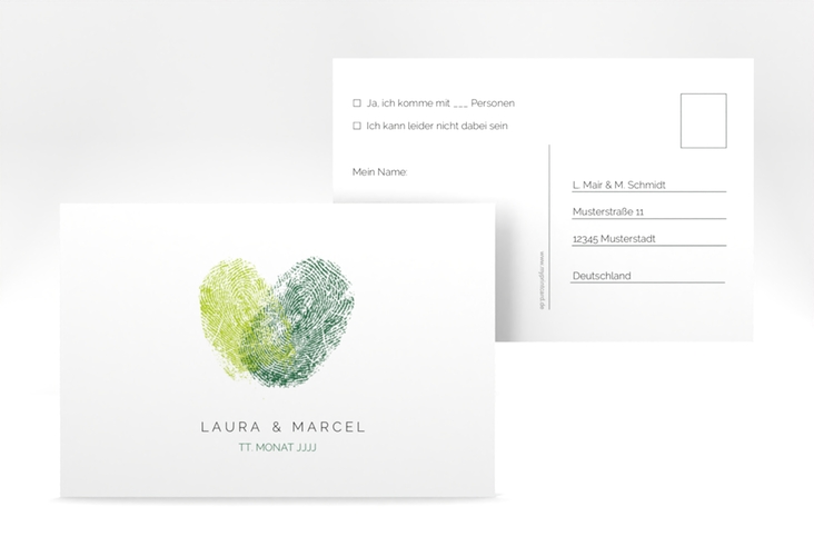 Antwortkarte Hochzeit Fingerprint A6 Postkarte gruen schlicht mit Fingerabdruck-Motiv