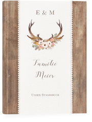 Stammbuch A5 Heimatjuwel Stammbuch A5 braun mit Hirschgeweih und Holz-Hintergrund