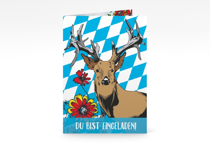 Einladung 80. Geburtstag Platzhirsch A6 Klappkarte hoch blau