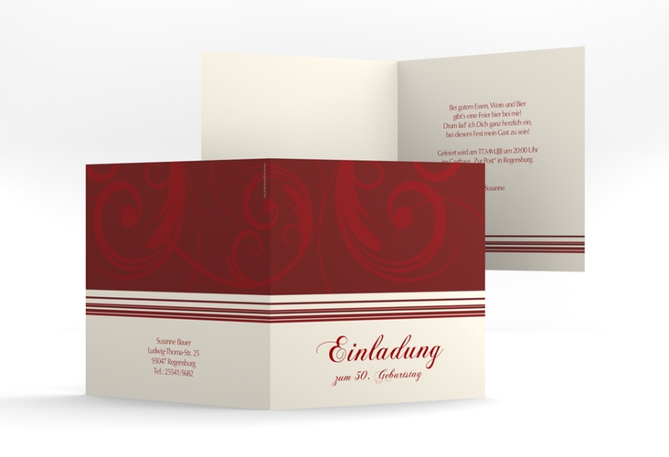 Einladung 50. Geburtstag Katharina quadr. Klappkarte rot hochglanz