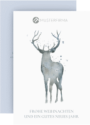 Klick: Details zu Business-Weihnachtskarte "Edelhirsch" anzeigen Business-Weihnachtskarte Edelhirsch A6 Karte hoch blau mit Hirsch-Silhouette in Aquarell