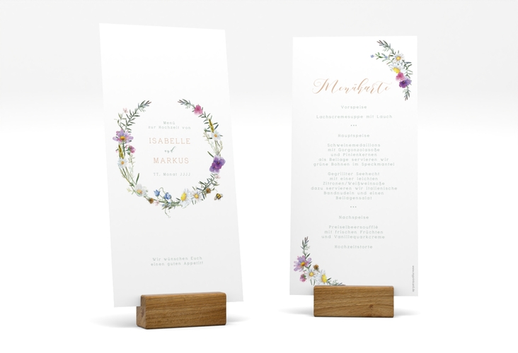 Menükarte Hochzeit Blumengarten lange Karte hoch mit Blumenkranz und Hummel