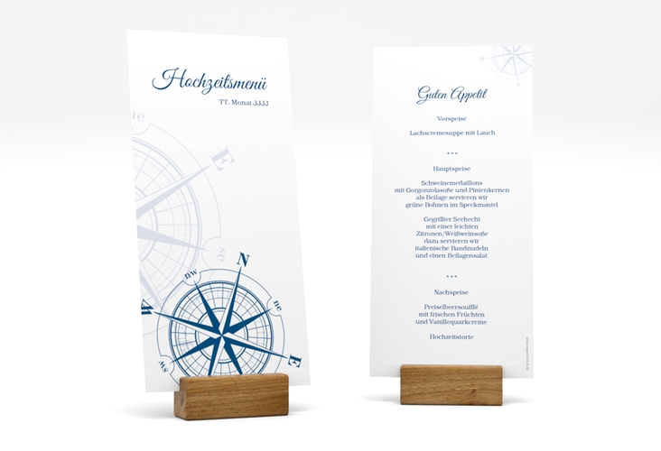 Menükarte Hochzeit Windrose lange Karte hoch blau hochglanz