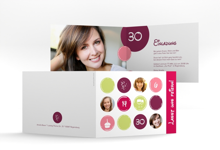 Einladung 30. Geburtstag Circles A6 Klappkarte quer pink