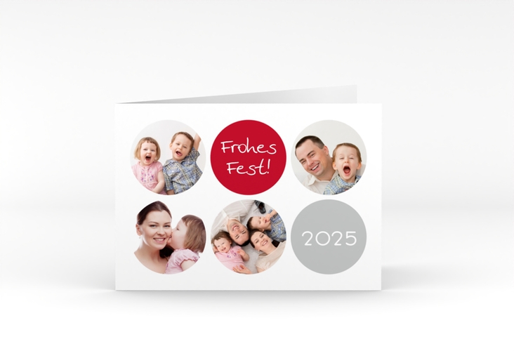 Weihnachtskarte Joy A6 Klappkarte quer weiss mit runden Fotos