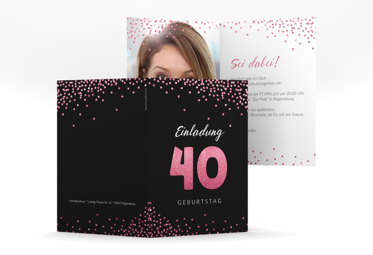 Einladung 40. Geburtstag Glitzer A6 Klappkarte hoch pink hochglanz