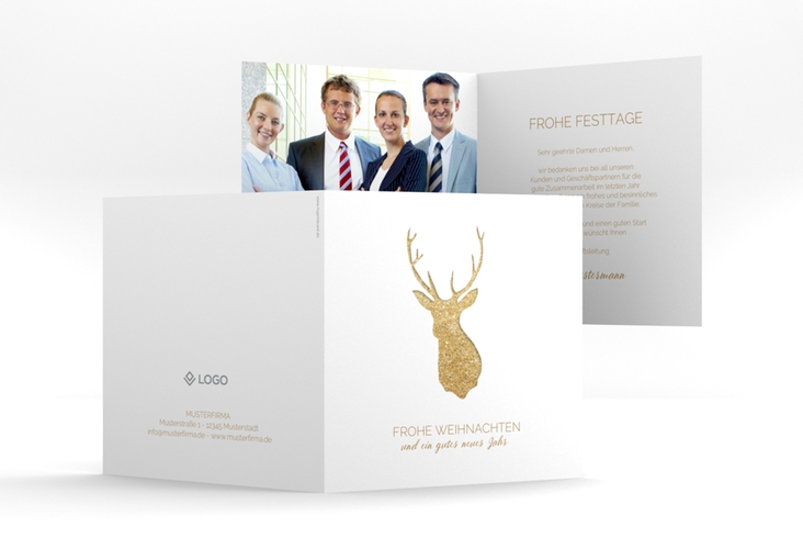 Business-Weihnachtskarte Deer quadr. Klappkarte gold und weiß mit Hirsch-Motiv