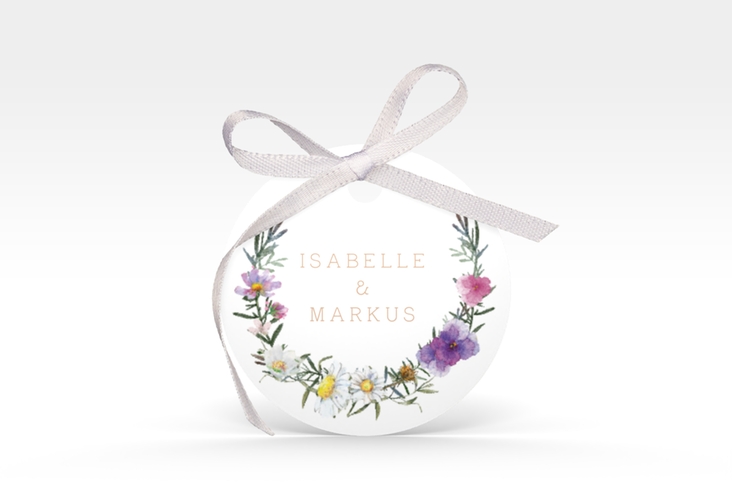 Geschenkanhänger Hochzeit Blumengarten Geschenkanhänger, rund bunt mit Blumenkranz und Hummel