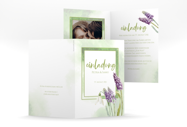 Einladungskarte Hochzeit Frühling A6 Klappkarte hoch gruen hochglanz mit Frühlingsblumen in Aquarell