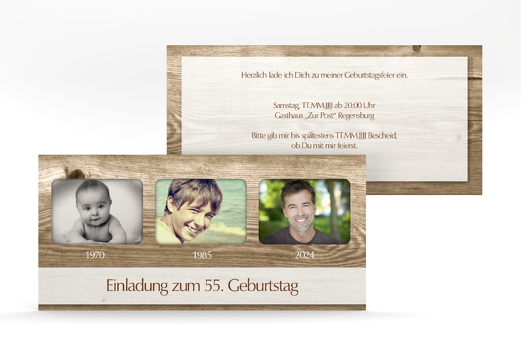 Einladung Geburtstag Michael/Michaela lange Karte quer im rustikalen Holz-Design mit Foto