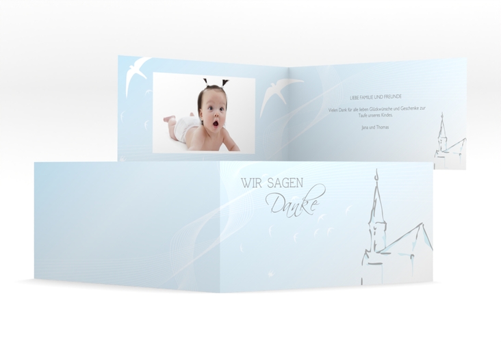 Dankeskarte Taufe Church lange Klappkarte quer blau