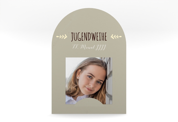 Danksagung Jugendweihe Jugendlich mittlere Bogen-Karte + Foto beige