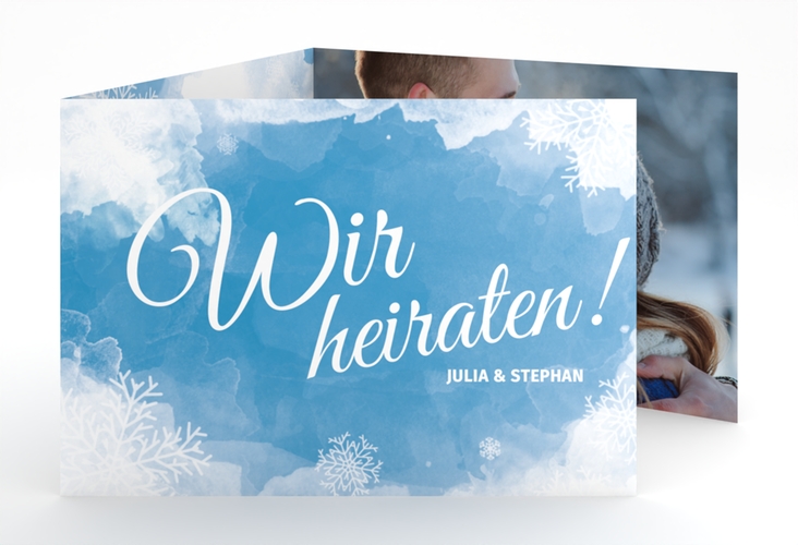 Hochzeitseinladung Frozen A6 Doppel-Klappkarte blau hochglanz mit Winter-Design