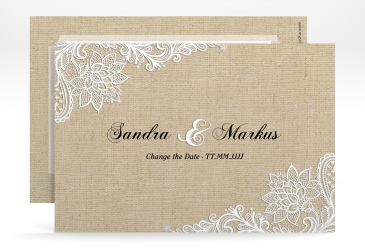 Change the Date-Karte Lace A6 Karte quer beige in Leinen-Optik mit weißer Spitze