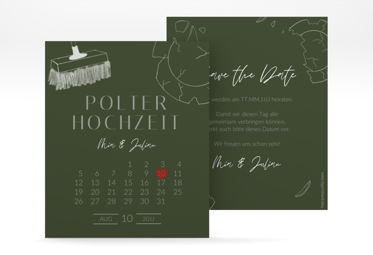 Save the Date-Kalenderblatt Polterhochzeit Kalenderblatt-Karte mit Besen und kaputtem Porzellanteller