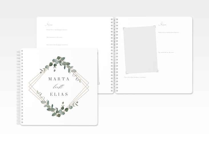 Hochzeits Gästebuch 21x21cm Im Eukalyptus Design - Mit Metallic Stiften & Stickern