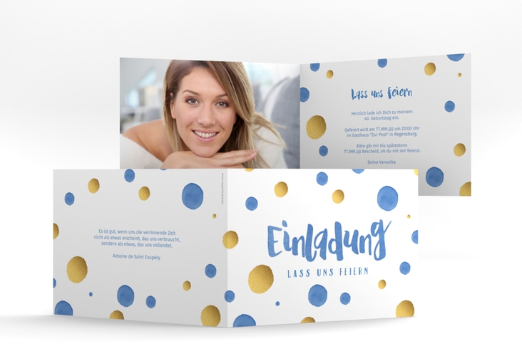 Einladung 40. Geburtstag Dots A6 Klappkarte quer blau