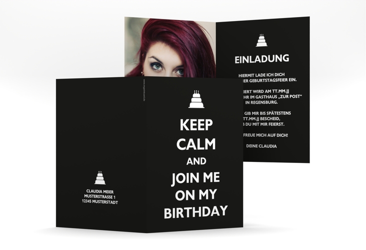 Einladung Geburtstag KeepCalm A6 Klappkarte hoch schwarz hochglanz