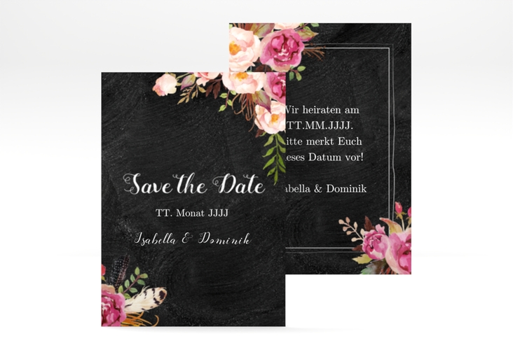 Save the Date-Visitenkarte Flowers Visitenkarte hoch schwarz mit bunten Aquarell-Blumen