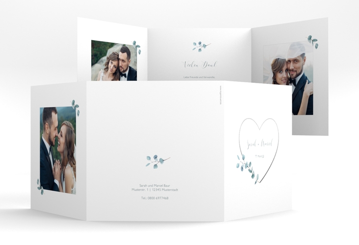 Danksagungskarte Hochzeit Greenheart quadr. Doppel-Klappkarte grau hochglanz mit elegantem Herz und Eukalyptus-Zweig