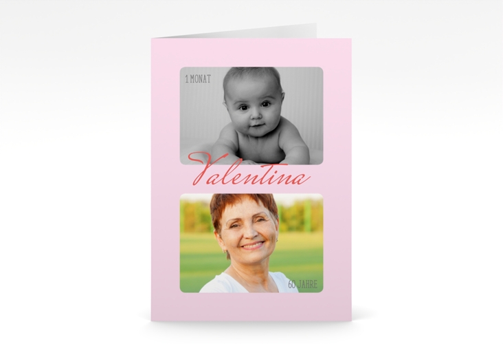 Einladung 60. Geburtstag Zeitlos A6 Klappkarte hoch rosa mit Damals- und Heute-Fotos