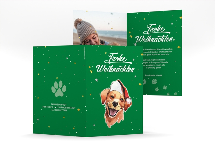 Weihnachtskarte Frosty A6 Klappkarte hoch gruen mit Hund mit Nikolausmütze