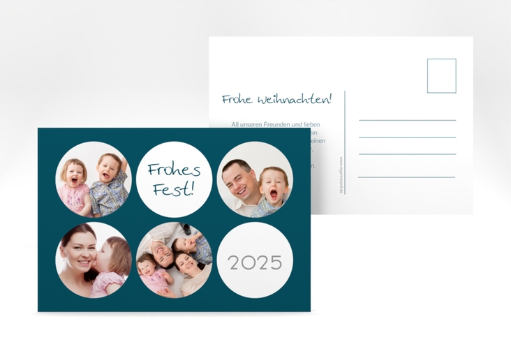 Weihnachtskarte Joy A6 Postkarte blau mit runden Fotos