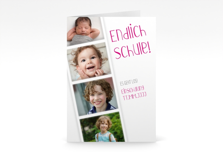 Einschulungskarte Startschuss A6 Klappkarte hoch pink hochglanz