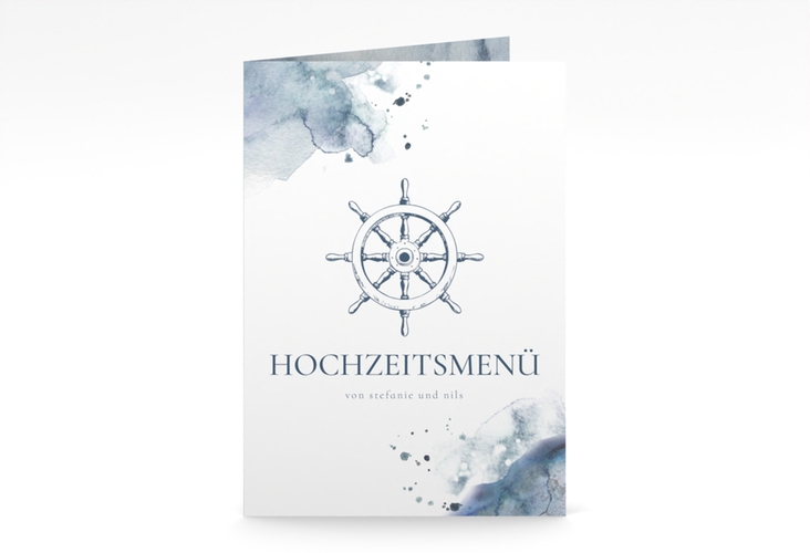 Menükarte Hochzeit Steuerrad A5 Klappkarte hoch in maritimen Blautönen