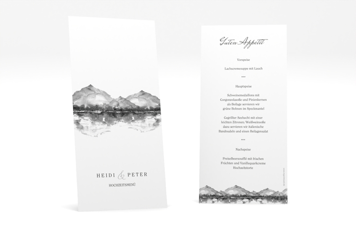 Menükarte Hochzeit Bergliebe lange Karte hoch grau hochglanz mit Gebirgspanorama für Berghochzeit