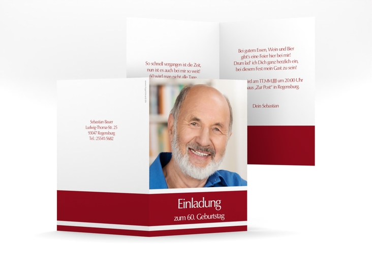 Einladung 60. Geburtstag Gerd/Gerda A6 Klappkarte hoch rot mit Foto