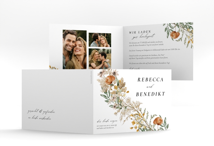 Hochzeitseinladung Wildfang A6 Klappkarte quer weiss mit getrockneten Wiesenblumen
