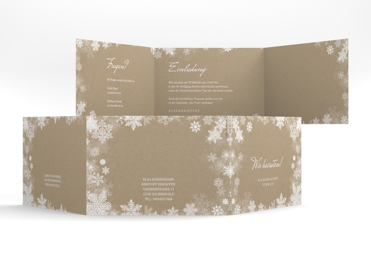 Hochzeitseinladung Snowfall A6 Doppel-Klappkarte Kraftpapier hochglanz mit Schneeflocken für Winterhochzeit