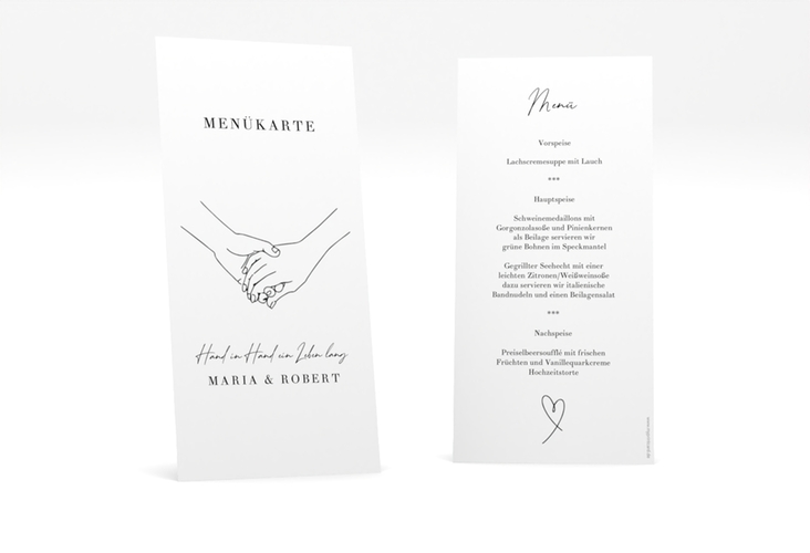 Menükarte Hochzeit Hands lange Karte hoch mit sich haltenden Händen im Monoline-Stil