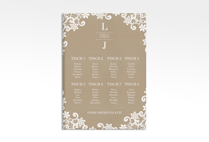 Sitzplan Leinwand Hochzeit Bella 50 x 70 cm Leinwand mit weißer Brautspitze um Initialen