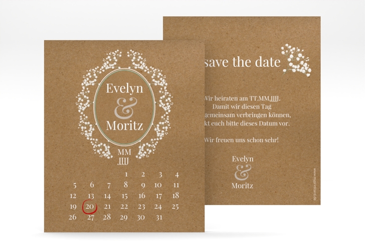 Save the Date-Kalenderblatt Gypsophila Kalenderblatt-Karte hochglanz im Vintage-Stil mit Blumenkranz aus Schleierkraut