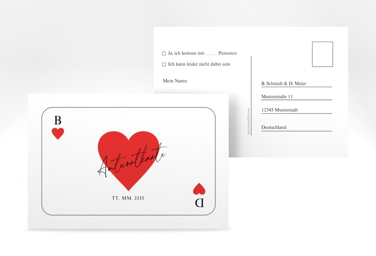 Antwortkarte Hochzeit Kartenspiel A6 Postkarte weiss im Herz-Ass-Design eines Kartenspiels
