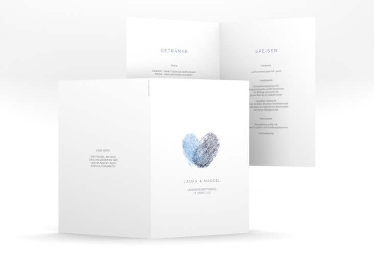 Menükarte Hochzeit Fingerprint A5 Klappkarte hoch blau schlicht mit Fingerabdruck-Motiv
