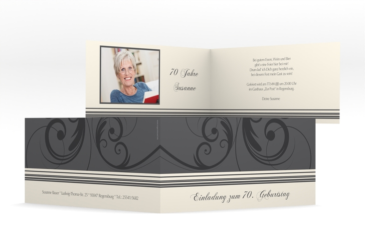 Einladung 70. Geburtstag Katharina lange Klappkarte quer grau
